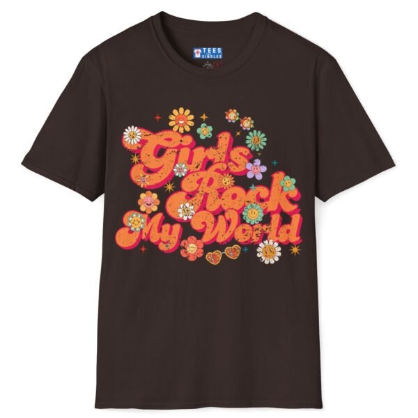Girls Rock My World 🌸 Retro Flower Power Flirty Tee Dark Chocolate by Tees For Singles