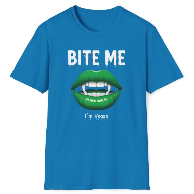 Bite Me I’m Vegan Humorous Goth T-Shirt 🧛🦇🍆🥕🫛🍅 Connect With Others Vegans Sapphire by Tees For Singles