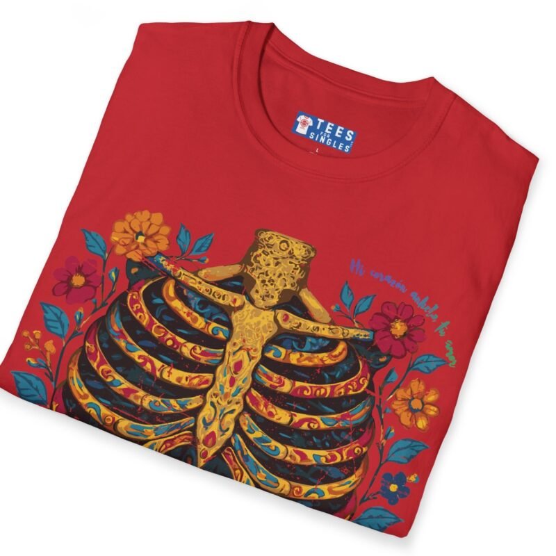 Mi Corazón Anhela Tu Amor Romantic Skeleton Ribcage Día de Muertos Design Tee -🌹💀 by Tees For Singles