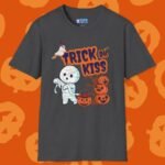 Trick or Kiss 2 Premium Tee. Cute Flirty Halloween Shirt with Mummy & Pumpkin Art Dark Heather by Tees For Singles - Reaction Fashion