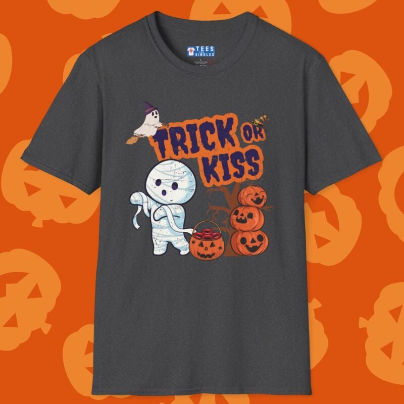 Trick or Kiss 2 Premium Tee. Cute Flirty Halloween Shirt with Mummy & Pumpkin Art Dark Heather by Tees For Singles - Reaction Fashion
