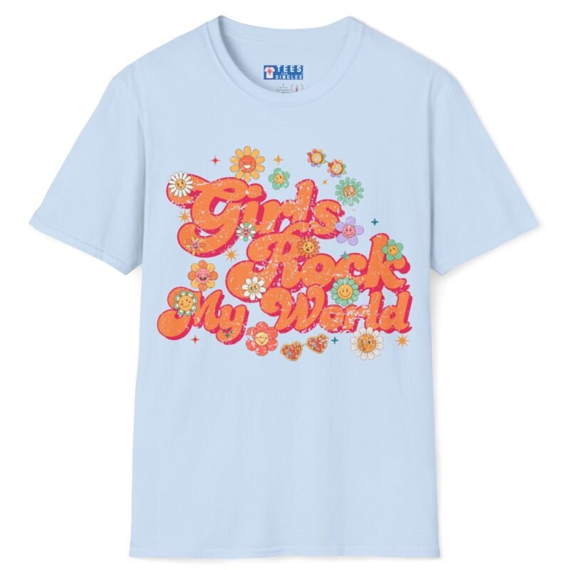 Girls Rock My World 🌸 Retro Flower Power Flirty Tee Light Blue by Tees For Singles