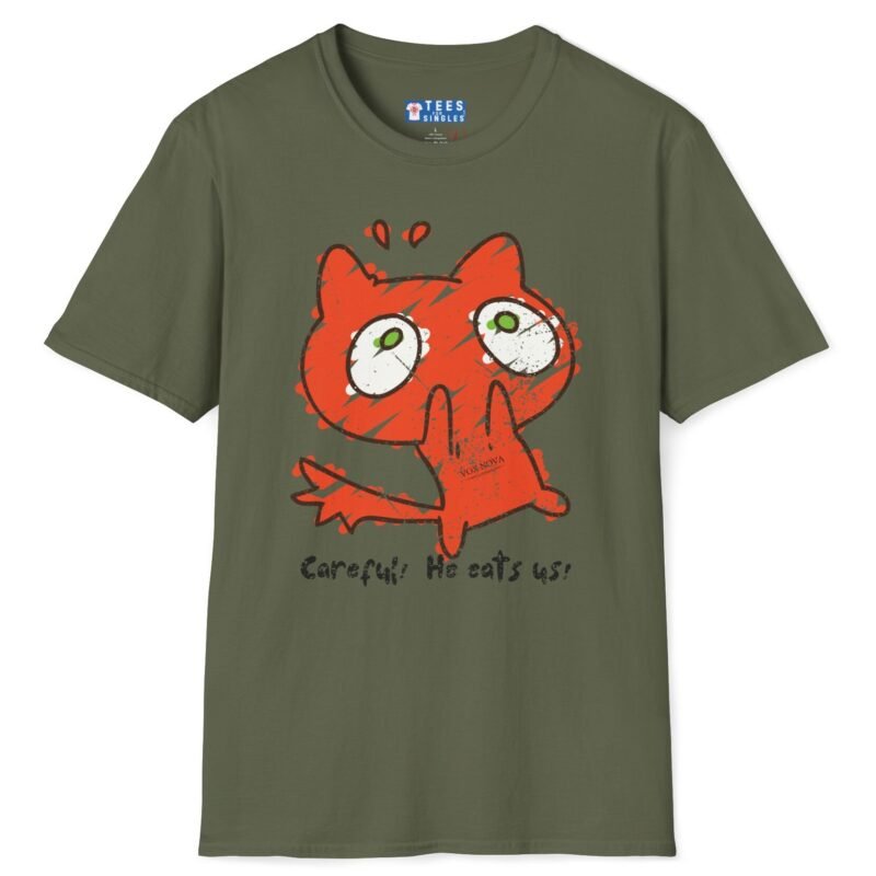 Careful! He Eats Us! 🐱 Scared Cat Tee 😂(Think Dirty) Distressed Vintage Look T-Shirt Military Green by Tees For Singles