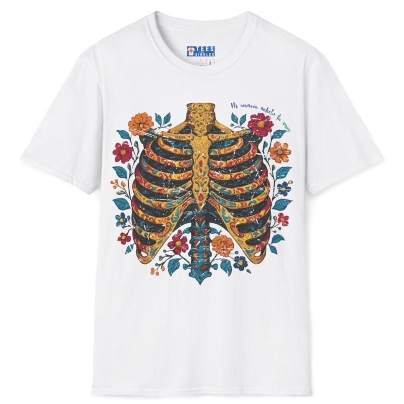 Mi Corazón Anhela Tu Amor Romantic Skeleton Ribcage Día de Muertos Design Tee -🌹💀 White by Tees For Singles