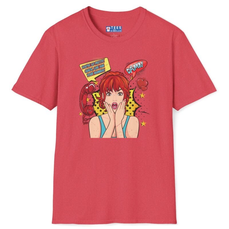 Quick, Give Him Your Number! Pop Art Tee 💥☎️ Wing Woman T-shirt Heather Red by Tees For Singles