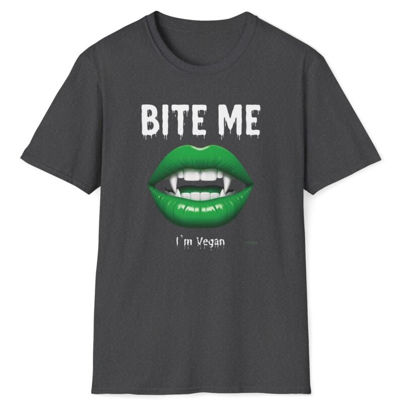 Bite Me I’m Vegan Humorous Goth T-Shirt 🧛🦇🍆🥕🫛🍅 Connect With Others Vegans Dark Heather by Tees For Singles