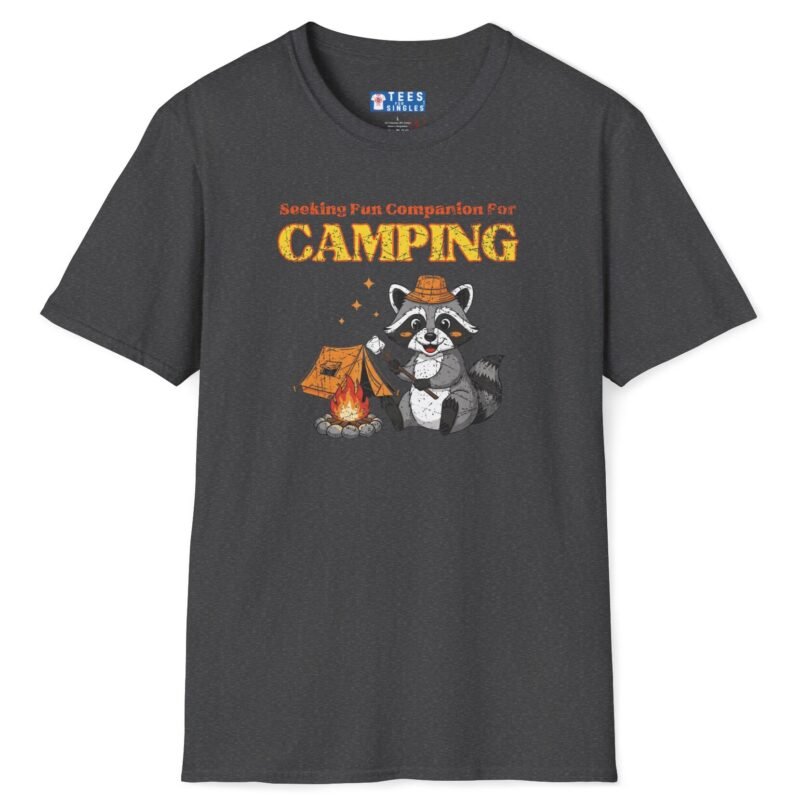 Seeking Fun Companion for Camping Tee ⛺🔥🐾- Vintage Look Cute Raccoon T-Shirt Dark Heather by Tees For Singles