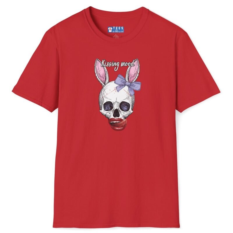 Kissing Mood Skull-Bunny Graphic Tee 💋 🫦💀🐰🐇- Distressed Look Red by Tees For Singles
