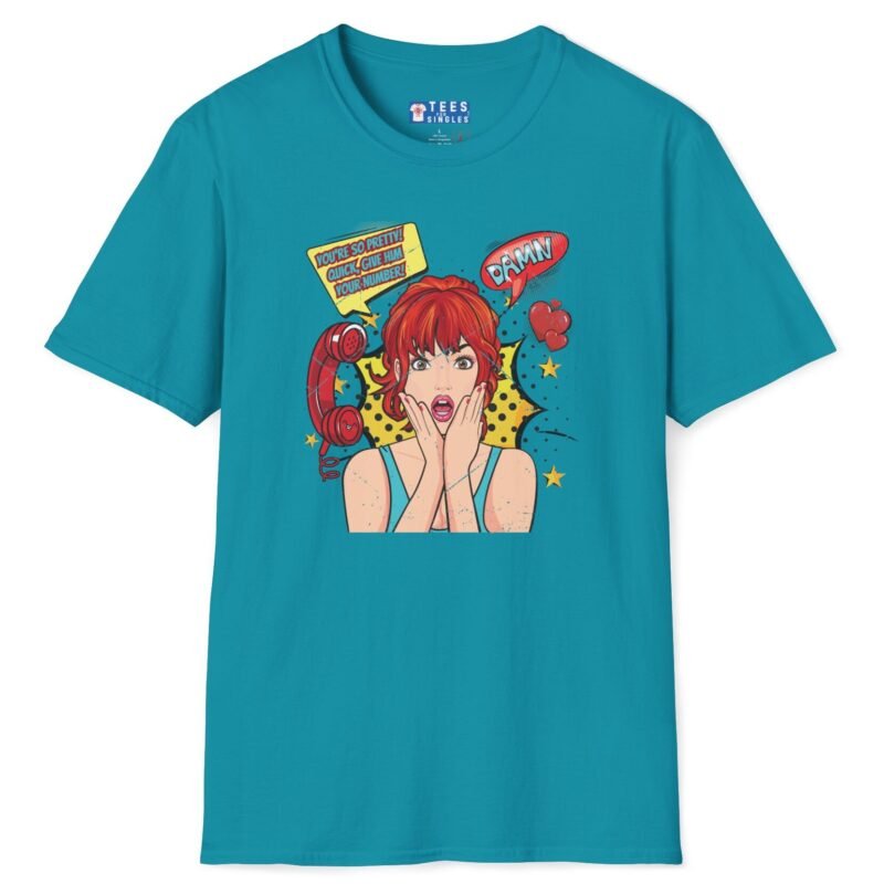 Quick, Give Him Your Number! Pop Art Tee 💥☎️ Wing Woman T-shirt Tropical Blue by Tees For Singles