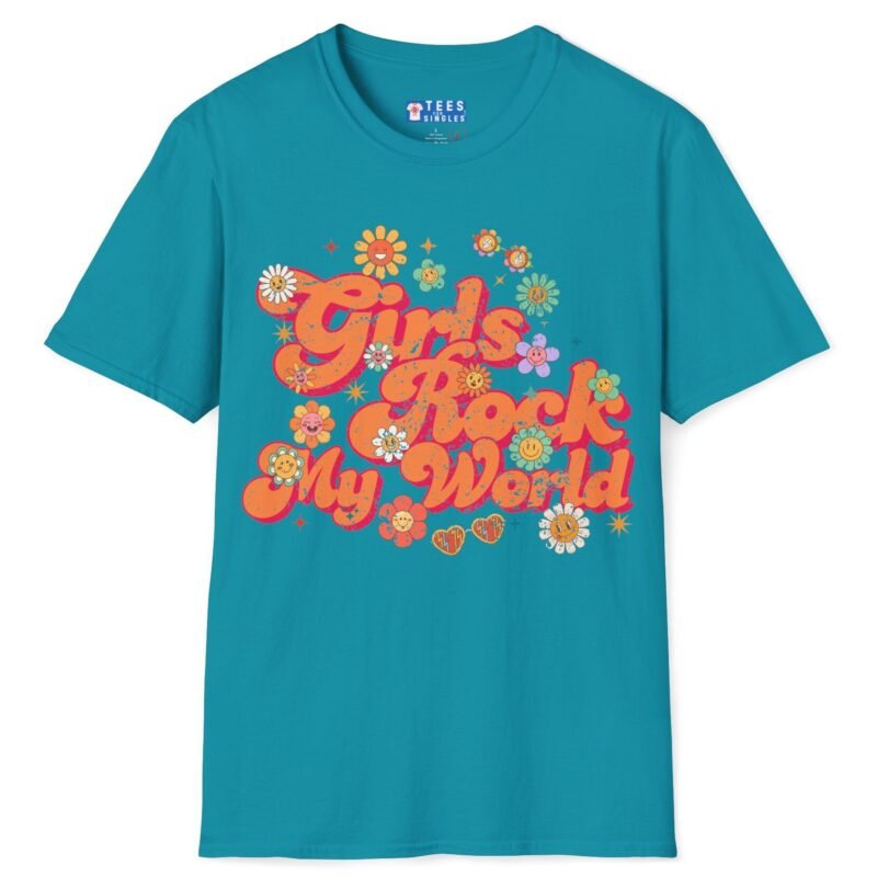 Girls Rock My World 🌸 Retro Flower Power Flirty Tee Tropical Blue by Tees For Singles