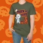 Trick or Kiss 2 Premium Tee. Cute Flirty Halloween Shirt with Mummy & Pumpkin Art by Tees For Singles - Reaction Fashion