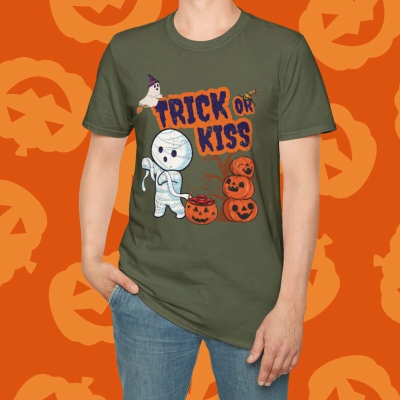 Trick or Kiss 2 Premium Tee. Cute Flirty Halloween Shirt with Mummy & Pumpkin Art by Tees For Singles - Reaction Fashion