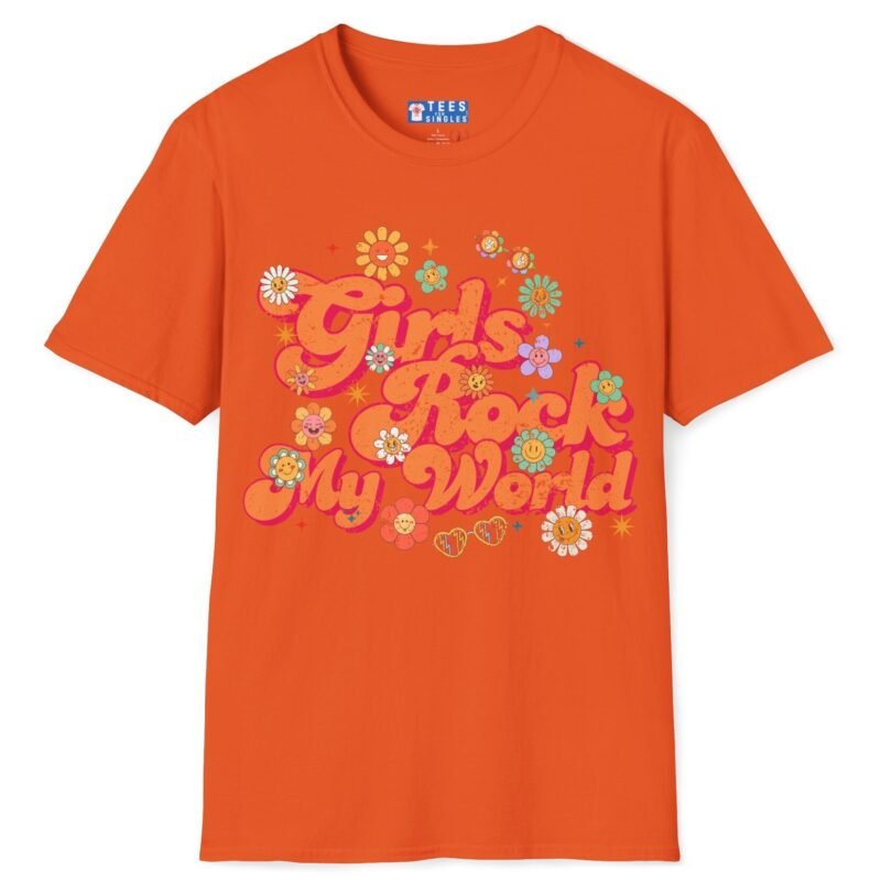 Girls Rock My World 🌸 Retro Flower Power Flirty Tee Orange by Tees For Singles