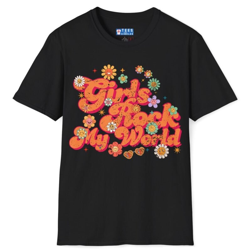 Girls Rock My World 🌸 Retro Flower Power Flirty Tee Black by Tees For Singles