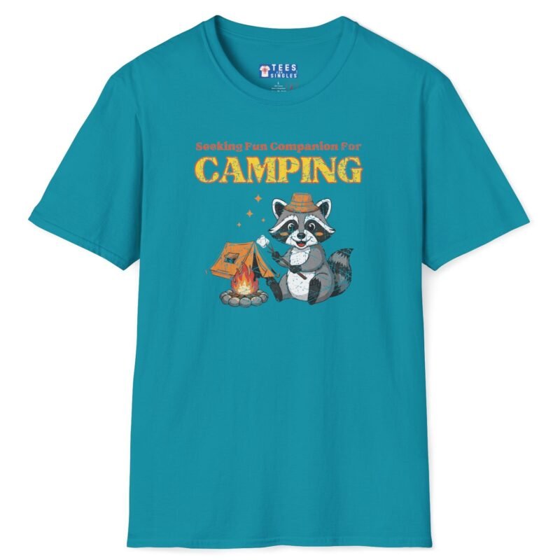 Seeking Fun Companion for Camping Tee ⛺🔥🐾- Vintage Look Cute Raccoon T-Shirt Tropical Blue by Tees For Singles