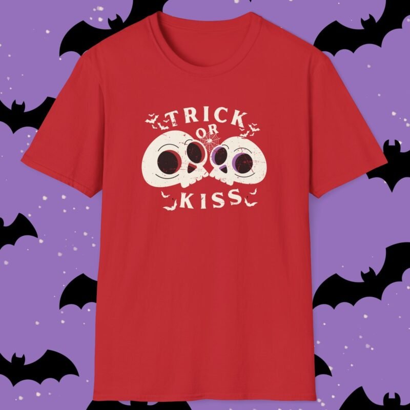Trick or Kiss Tee - Flirty Gothic Skull T-shirt for Halloween And Everyday Vibes Red by Tees For Singles - Reaction Fashion
