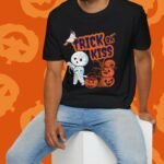 Trick or Kiss 2 Premium Tee. Cute Flirty Halloween Shirt with Mummy & Pumpkin Art by Tees For Singles - Reaction Fashion