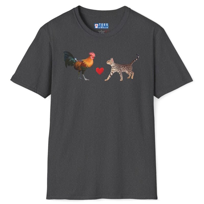 Rooster Loves Pussy Cat Tee 😂🐓❤️🐱 Conversation Starter T-shirt Dark Heather by Tees For Singles