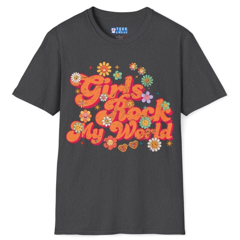Girls Rock My World 🌸 Retro Flower Power Flirty Tee Dark Heather by Tees For Singles
