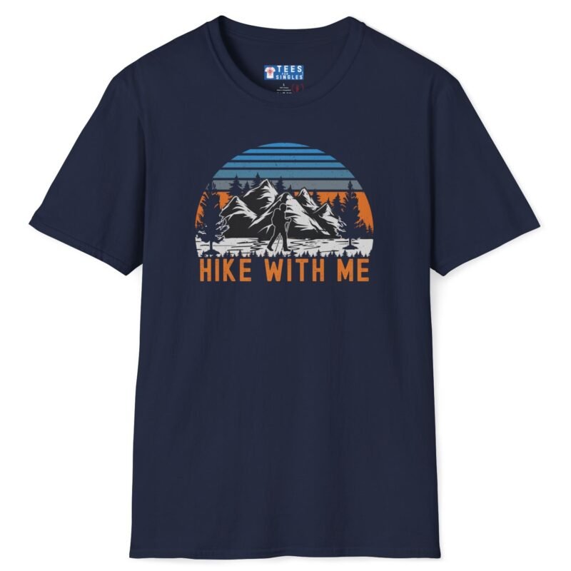 Hike With Me Retro Mountain Premium Tee 🏔️ Navy by Tees For Singles