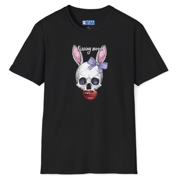 Kissing Mood Skull-Bunny Graphic Tee 💋 🫦💀🐰🐇- Distressed Look Black by Tees For Singles