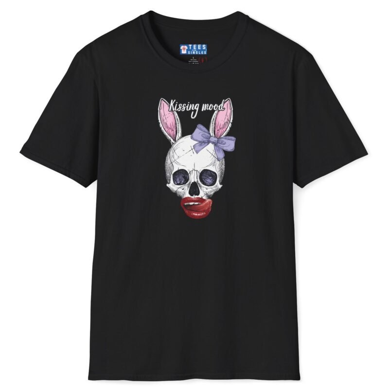 Kissing Mood Skull-Bunny Graphic Tee 💋 🫦💀🐰🐇- Distressed Look Black by Tees For Singles