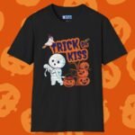 Trick or Kiss 2 Premium Tee. Cute Flirty Halloween Shirt with Mummy & Pumpkin Art Black by Tees For Singles - Reaction Fashion