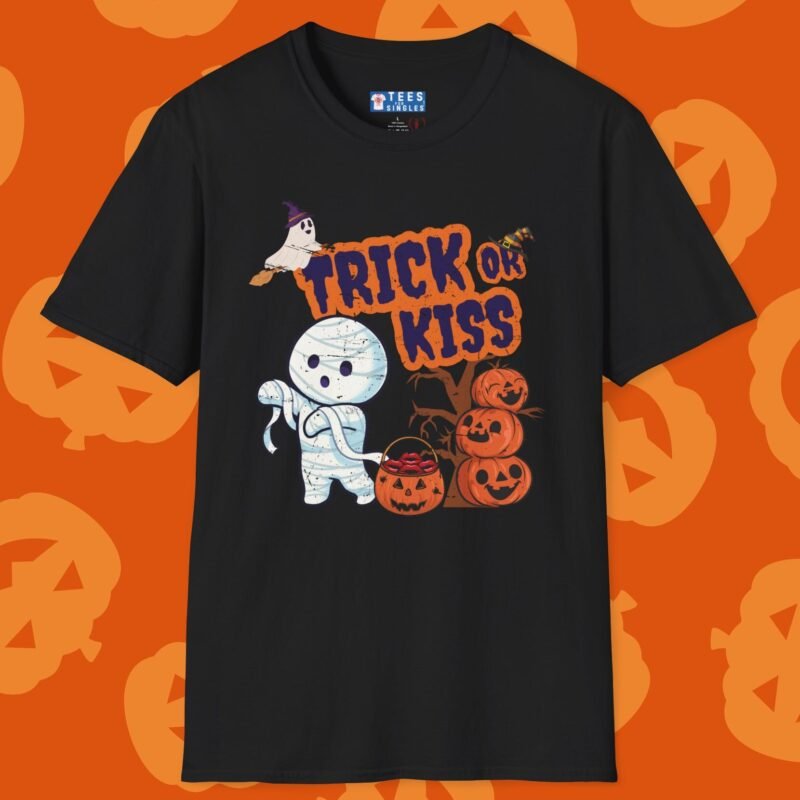 Trick or Kiss 2 Premium Tee. Cute Flirty Halloween Shirt with Mummy & Pumpkin Art Black by Tees For Singles - Reaction Fashion