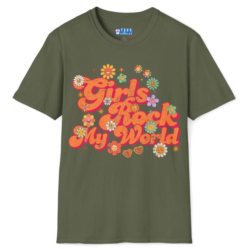 Girls Rock My World 🌸 Retro Flower Power Flirty Tee Military Green by Tees For Singles