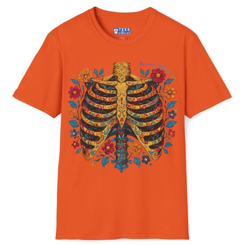 Mi Corazón Anhela Tu Amor Romantic Skeleton Ribcage Día de Muertos Design Tee -🌹💀 Orange by Tees For Singles