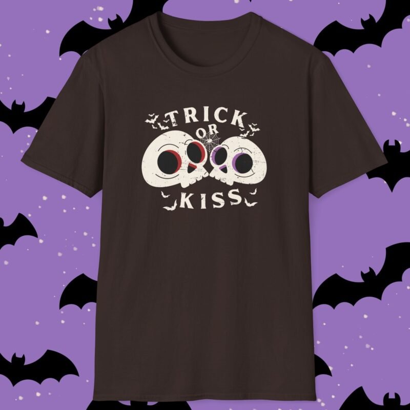 Trick or Kiss Tee - Flirty Gothic Skull T-shirt for Halloween And Everyday Vibes Dark Chocolate by Tees For Singles - Reaction Fashion