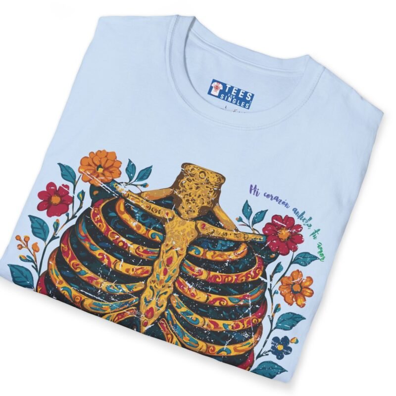 Mi Corazón Anhela Tu Amor Romantic Skeleton Ribcage Día de Muertos Design Tee -🌹💀 by Tees For Singles