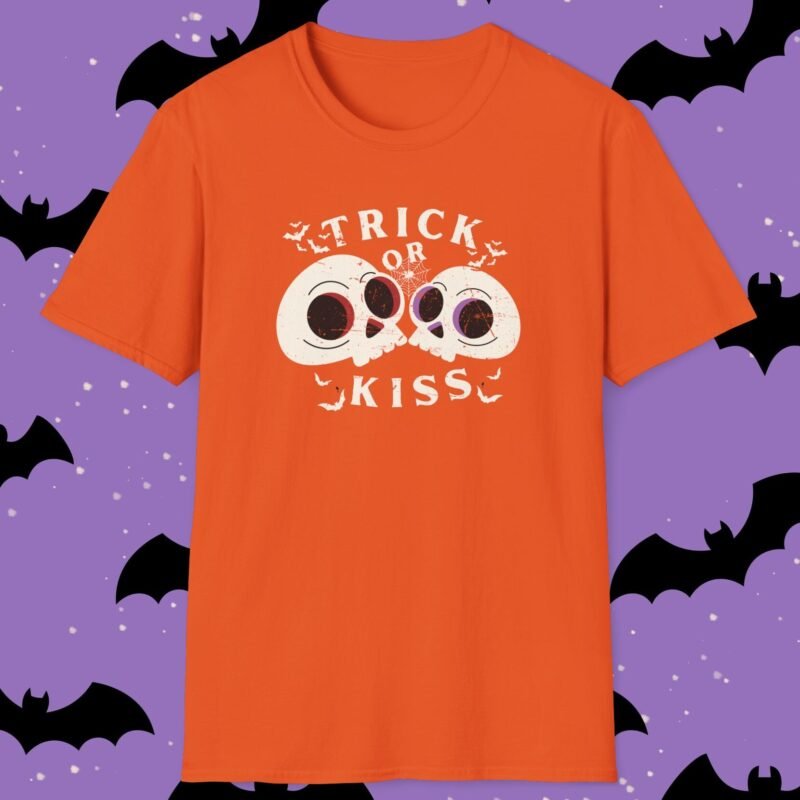 Trick or Kiss Tee - Flirty Gothic Skull T-shirt for Halloween And Everyday Vibes Orange by Tees For Singles - Reaction Fashion