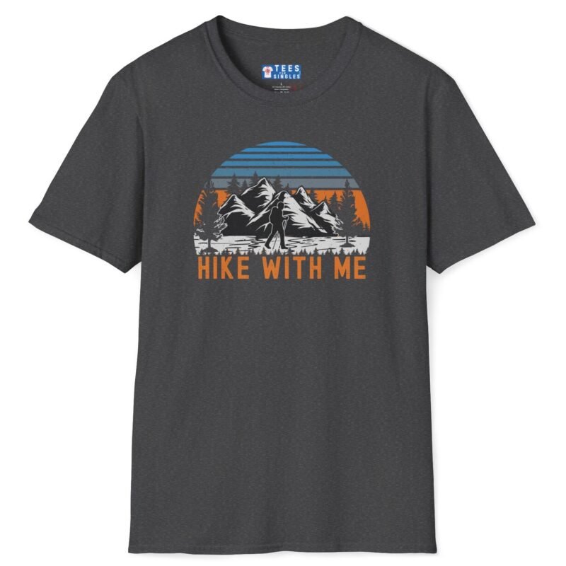 Hike With Me Retro Mountain Premium Tee 🏔️ Dark Heather by Tees For Singles