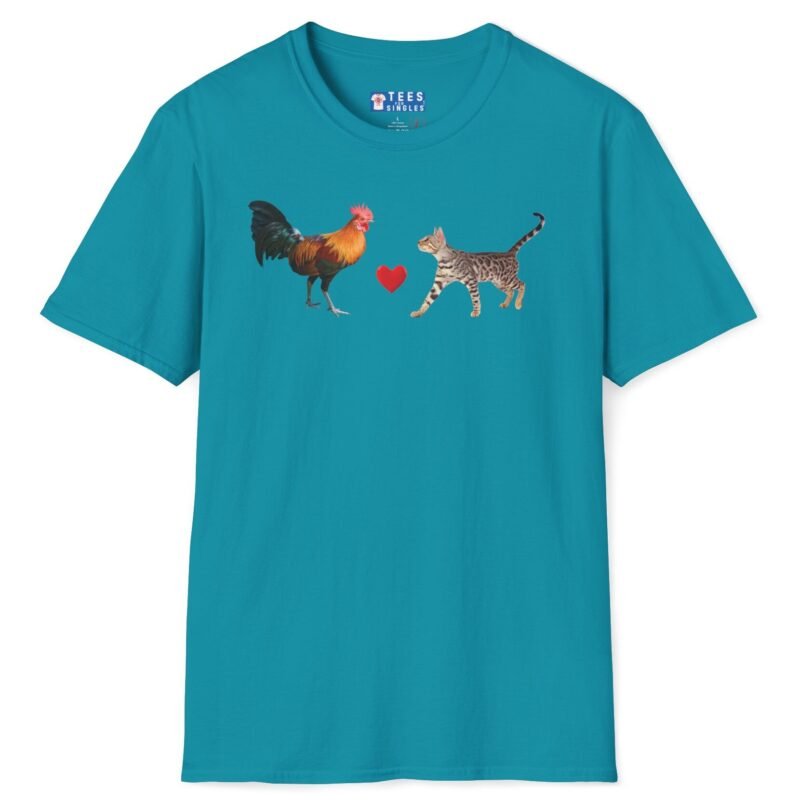 Rooster Loves Pussy Cat Tee 😂🐓❤️🐱 Conversation Starter T-shirt Tropical Blue by Tees For Singles