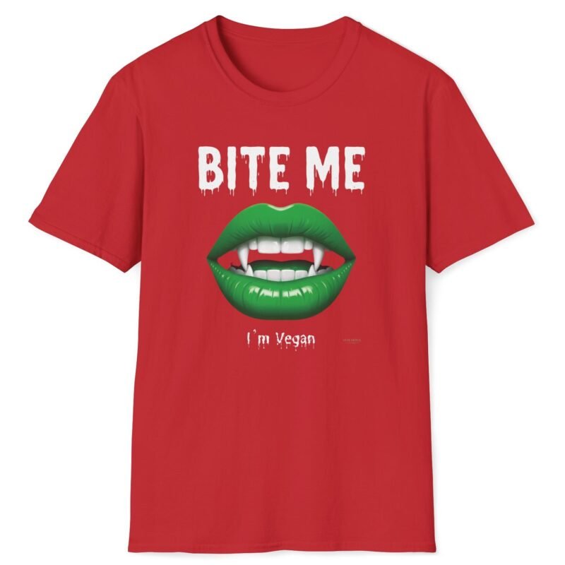 Bite Me I’m Vegan Humorous Goth T-Shirt 🧛🦇🍆🥕🫛🍅 Connect With Others Vegans Red by Tees For Singles