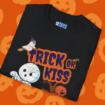 Trick or Kiss 2 Premium Tee. Cute Flirty Halloween Shirt with Mummy & Pumpkin Art by Tees For Singles - Reaction Fashion