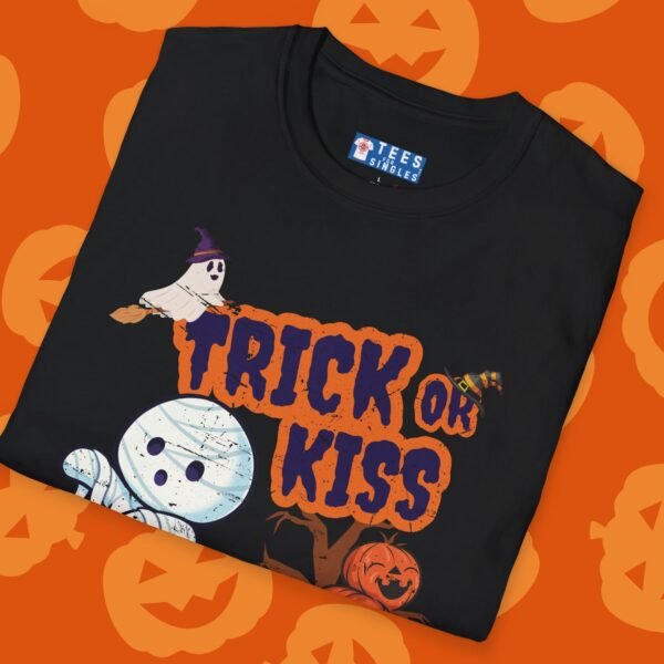 Trick or Kiss 2 Premium Tee. Cute Flirty Halloween Shirt with Mummy & Pumpkin Art by Tees For Singles - Reaction Fashion