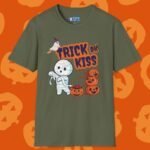 Trick or Kiss 2 Premium Tee. Cute Flirty Halloween Shirt with Mummy & Pumpkin Art Military Green by Tees For Singles - Reaction Fashion