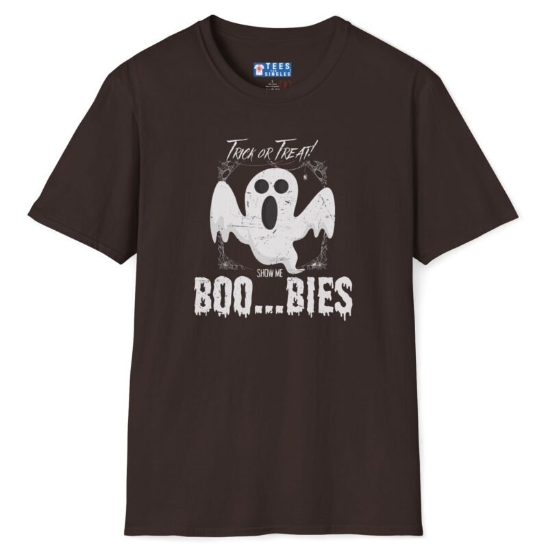 Trick Or Treat Show Me BOO.BIES! Premium Tee. Funny Halloween Ghost T-shirt Dark Chocolate by Tees For Singles - Reaction Fashion