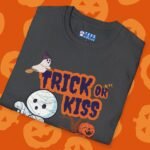 Trick or Kiss 2 Premium Tee. Cute Flirty Halloween Shirt with Mummy & Pumpkin Art by Tees For Singles - Reaction Fashion