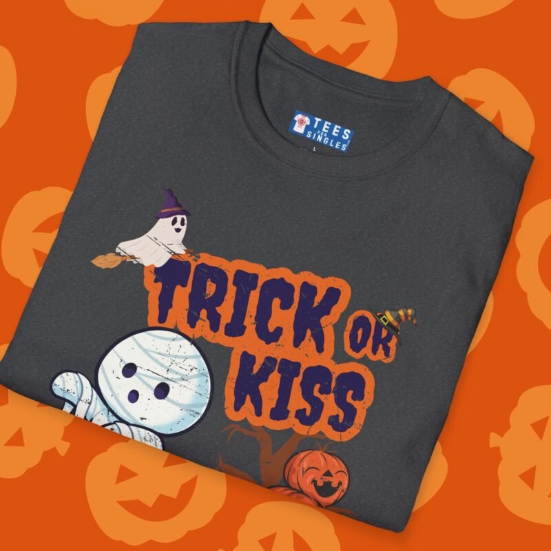 Trick or Kiss 2 Premium Tee. Cute Flirty Halloween Shirt with Mummy & Pumpkin Art by Tees For Singles - Reaction Fashion