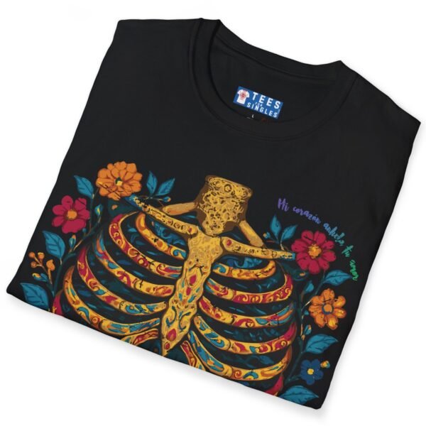 Mi Corazón Anhela Tu Amor Romantic Skeleton Ribcage Día de Muertos Design Tee -🌹💀 by Tees For Singles