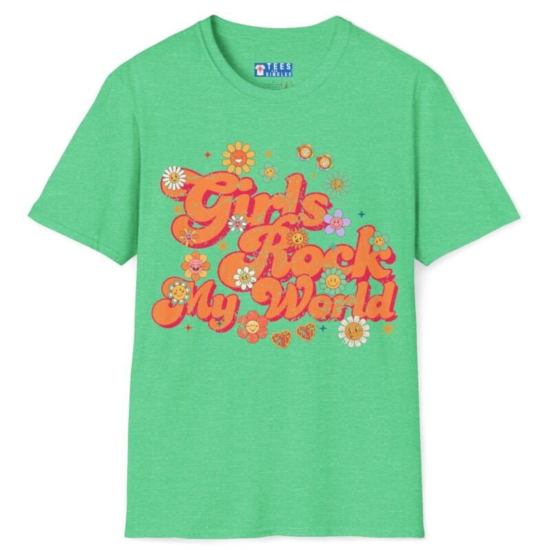 Girls Rock My World 🌸 Retro Flower Power Flirty Tee Heather Irish Green by Tees For Singles