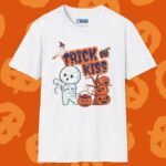 Trick or Kiss 2 Premium Tee. Cute Flirty Halloween Shirt with Mummy & Pumpkin Art White by Tees For Singles - Reaction Fashion