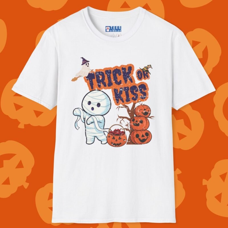 Trick or Kiss 2 Premium Tee. Cute Flirty Halloween Shirt with Mummy & Pumpkin Art White by Tees For Singles - Reaction Fashion