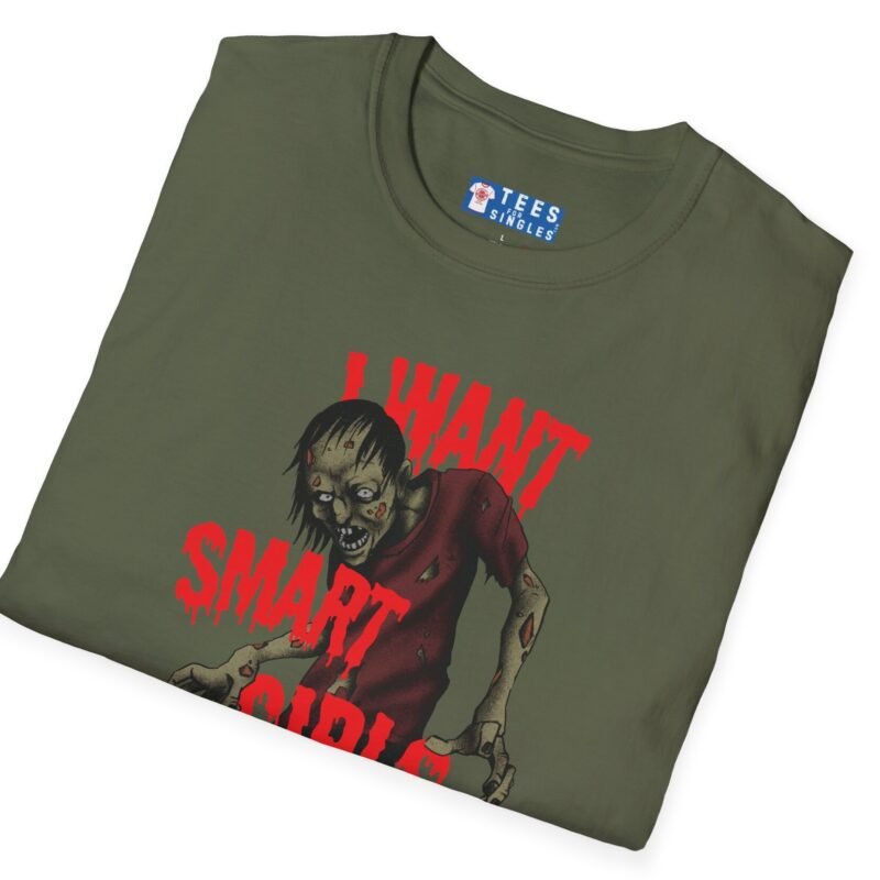 “I Want Smart Girls” T-Shirt – “Big Brain Cravings Never Die” Retro Zombie Graphic Tee 🧠🧟‍♂️ by Tees For Singles
