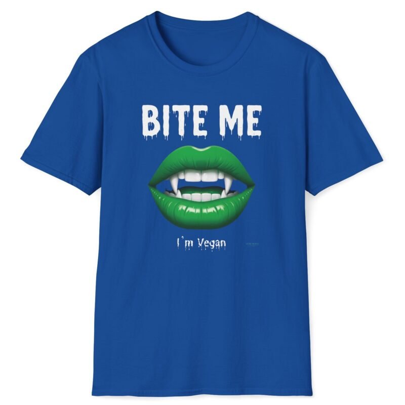 Bite Me I’m Vegan Humorous Goth T-Shirt 🧛🦇🍆🥕🫛🍅 Connect With Others Vegans Royal by Tees For Singles