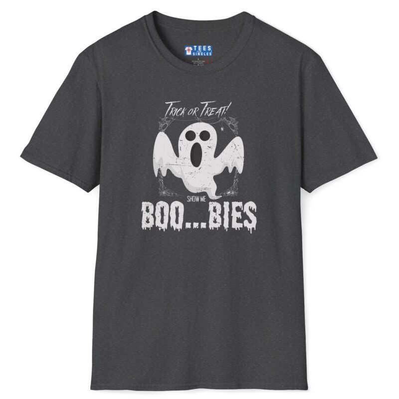 Trick Or Treat Show Me BOO.BIES! Premium Tee. Funny Halloween Ghost T-shirt Dark Heather by Tees For Singles - Reaction Fashion