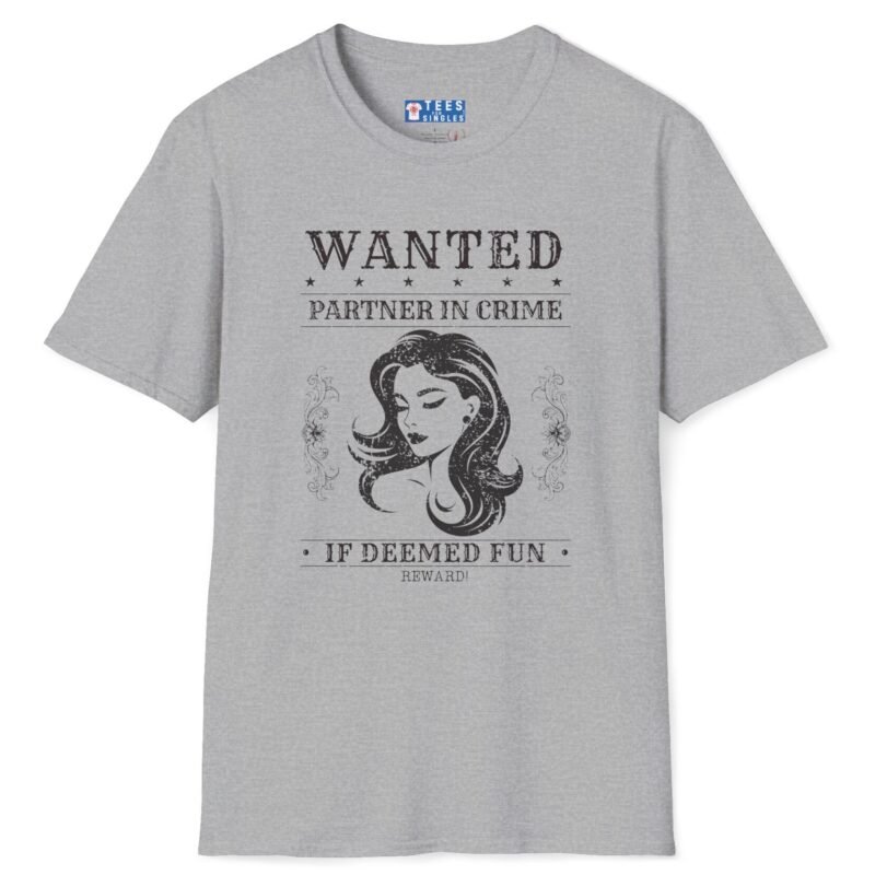 Wanted: Partner-in-Crime (If Deemed Fun) Vintage Poster Tee 🖤 Sport Grey by Tees For Singles